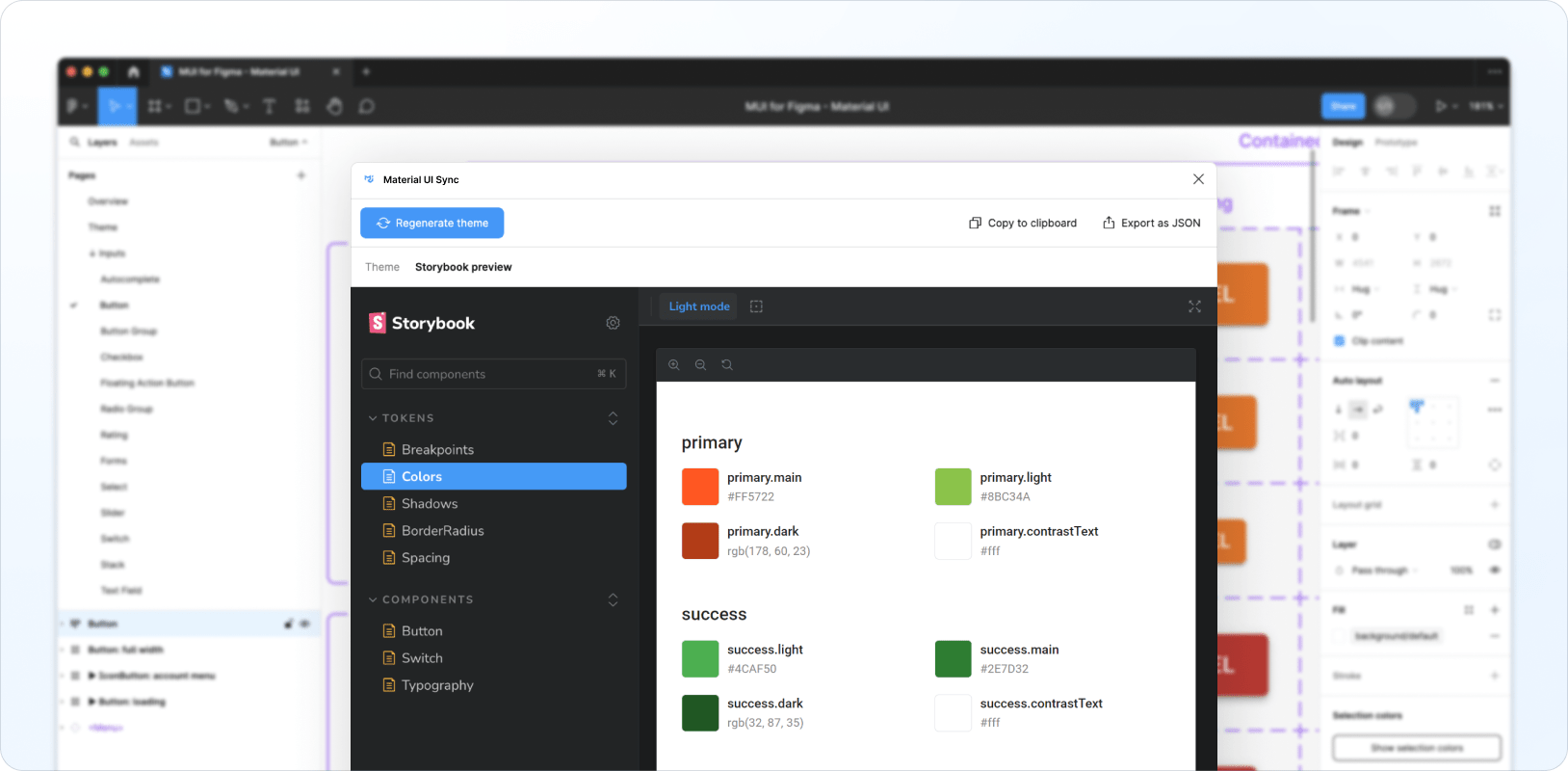 The generated theme previewed in Storybook in the MaterialĀ UI Sync plugin UI.